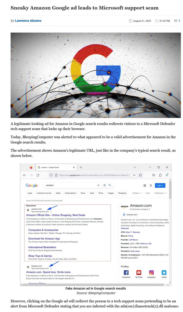 Google検索結果にAmazonを装う偽広告、クリックするとMicrosoftを装うサポート詐欺に誘導される!?