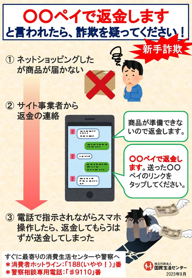 商品が届かないうえに「○○ペイで返金します」と言われるネット詐欺に気を付けて