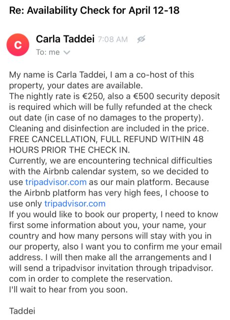 Airbnbの素敵物件を予約しようとしたらTripadvisorに誘導されて2000ユーロ＋αを騙し取られそうになった