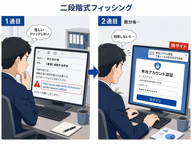 「怪しいメールを見破った人」がだまされる、社内注意喚起を装う「二段階式フィッシングメール」に注意！